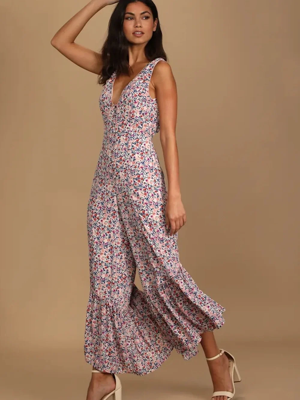 Lulu’s Make it Beautiful Cream Floral Print Ruffled Open Tie-Back Jumpsuit